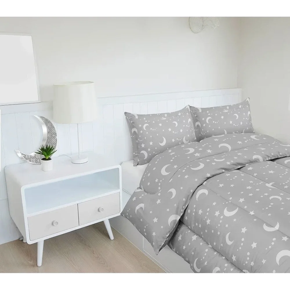 Gray White Stars Moon Sky Twin Comforter Set w/ Pillow Sham Polyester Bedding